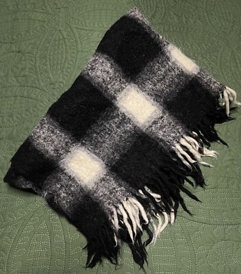 Vintage Sannwald Mohair Black & White Checkered Throw Blanket 46x36''