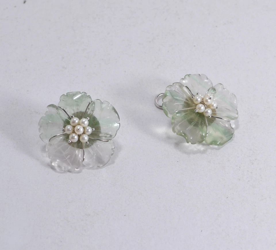 ORECCHINI ARGENTO 925 RODIATO PERLE FIORI FLUORITE CLIPS SENZA PERNO AGHT 0818 - Immagine 2 di 3