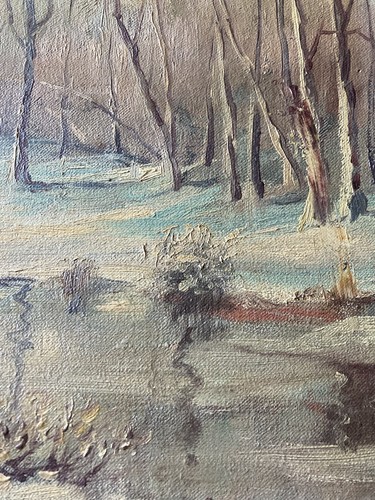 Beauty! Antique 19th C Oil Painting On Canvas Deers In Winter Woods 16”x14” - Picture 6 of 7