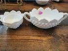 Vintage Hobnail Milk Glass Lot Of Two  Candy Dish  & Candle Holder 3C