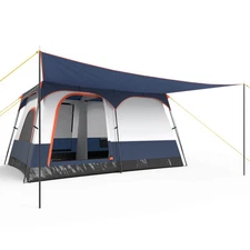 8-Person Camping Tent w/ Porch Large Family Cabin Tent w/ 2 Rooms 2 Doors