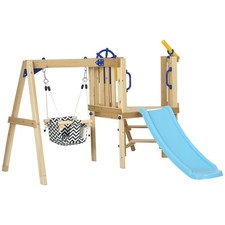 Outsunny Wooden Swing Set with Slide, Baby Swing Seat, Fort for 1.5-4 Years