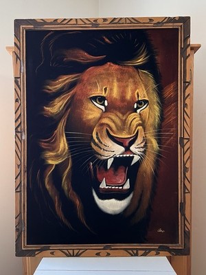 Huge Vintage Black Velvet Painting Lion Head 38x28 Wooden Frame 70s MCM