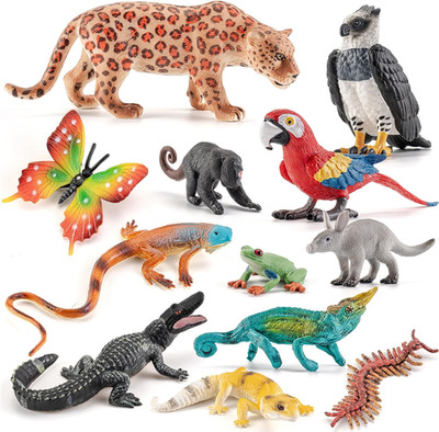 12 PCS Tropical Rainforest Animal Figurines, Realistic Jungle Animal Figures for