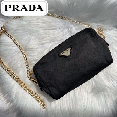 Prada triangle logo  Pouch with cross body chain gold BLACK mini bag pochette