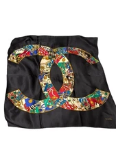 CHANEL Black Scarf Square Coco Mark Multicolor 100% Silk