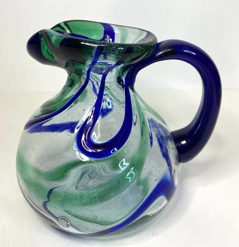 Mouth Blown Green Cobalt Blue Swirl SMALL Glass Pitcher Vase 4.75” EUC! EB71