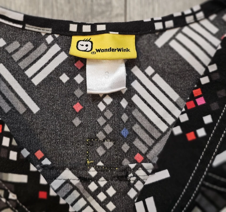 Wonderwink V Neck Allure Dots Geometric Patterned Scrub Top Black Women's Small - Image 2 of 4