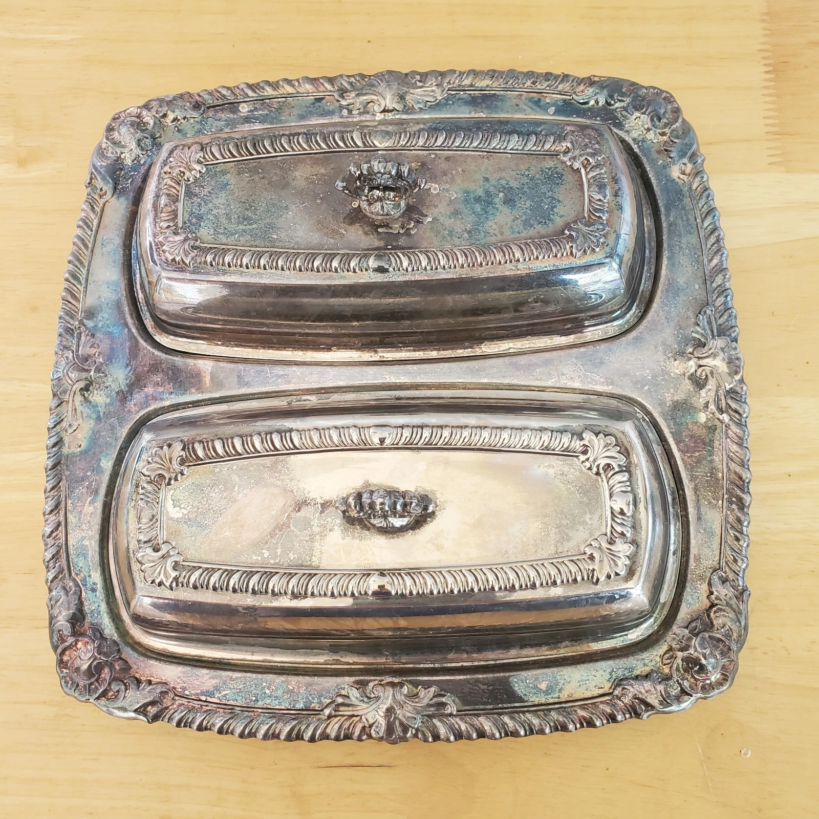Vintage CROSBY Silver Plated Double Butter Dish with Glass inserts, One Divided