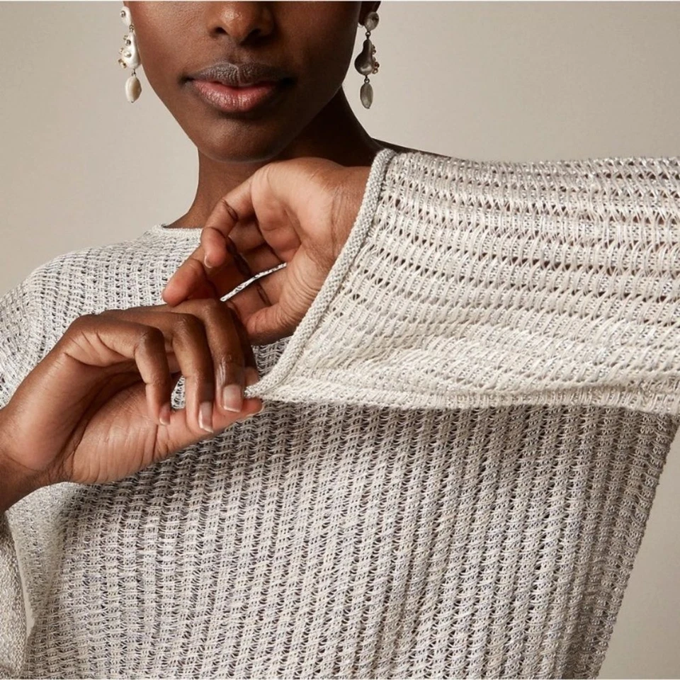 Vestido Colección J Crew M Metálico Tejido Abierto Suéter-Vestido Plateado Brillante Transparente Foto 4 de 4