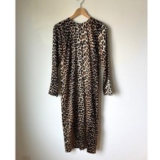 Ganni Stretch Silk Leopard Print Midi Shift Dress Long Sleeve Women's Size 34 EU