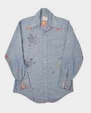 Vintage Big Mac Shirt Men Medium Blue Chambray Pearl Snap Embroidered Distressed