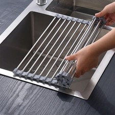 Roll-Up Silicone Over-Sink Dish Draining Rack Foldable Stainless Steel 43x35cm