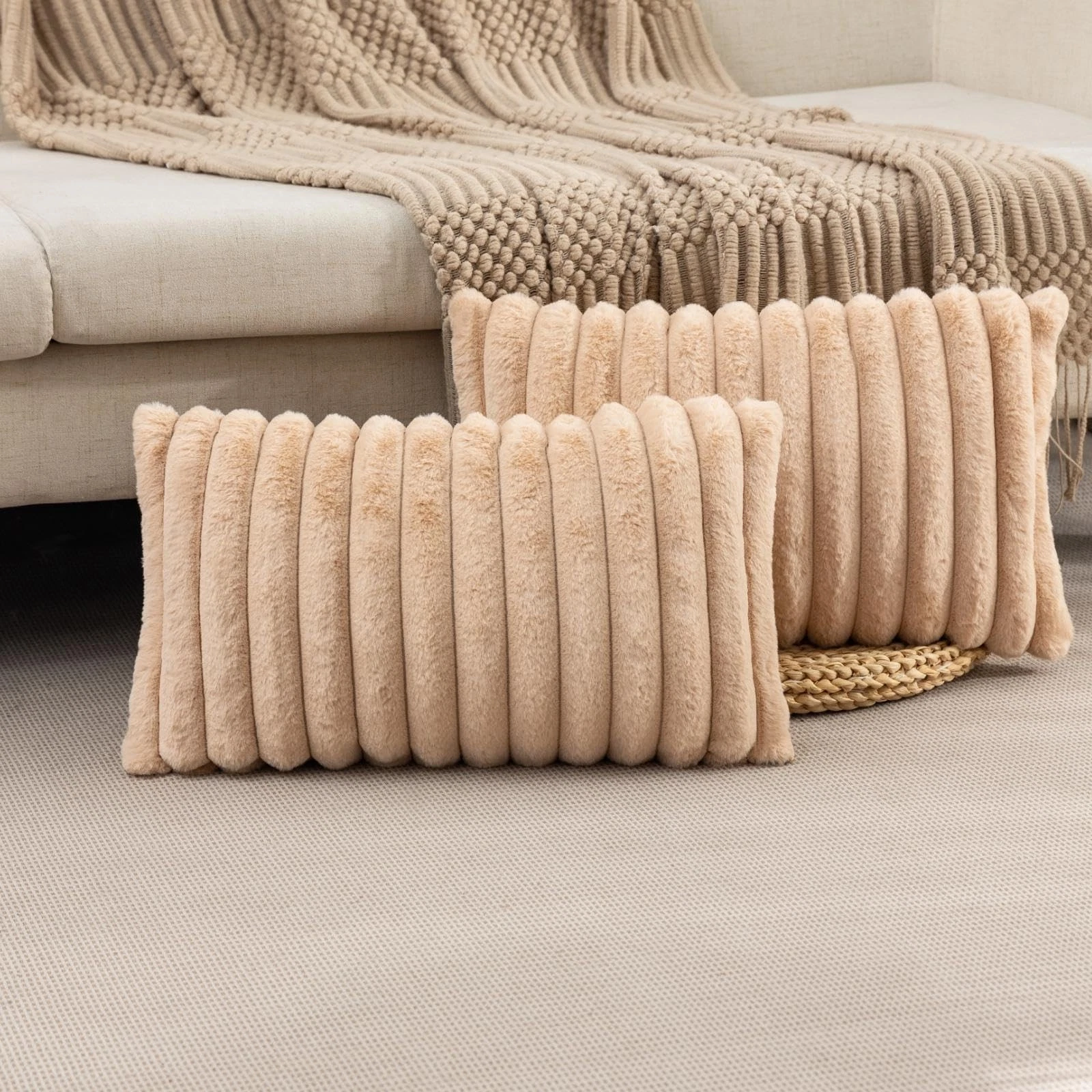 of 2 Apricot Faux Fur Decorative Throw Pillow Covers Fluffy Striped Pillowcas...