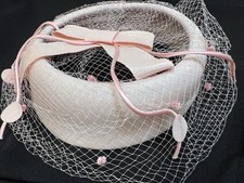 Cap-ette Fascinator Vtg 50s Light Pink Satin Halo with Netting Hat Union Made