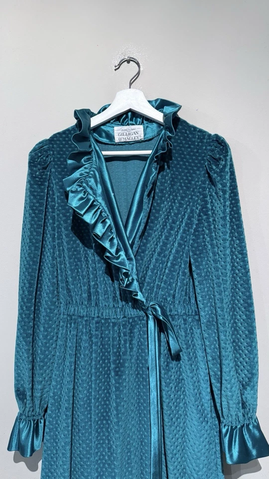 Bata de terciopelo azul verde azulado O'Malley vintage Donna Richard Gilligan para mujer S/M Sleepwea Foto 3 de 4