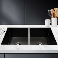 32"x18'' Drop-in Double Bowl Basin Kitchen Sink Black With Filter Baskets