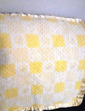 Vintage Baby Quilt Blanket 25" X 25" Yellow Sunshine Print Retro Satin Trim