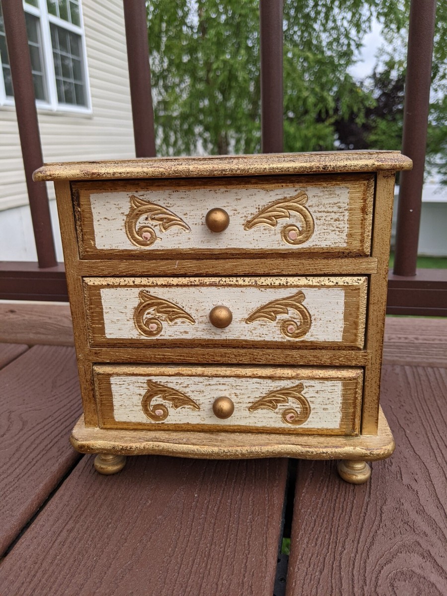 Vtg Gold Wooden 3 Drawer Musical Jewelry Box 💍Toyo Made