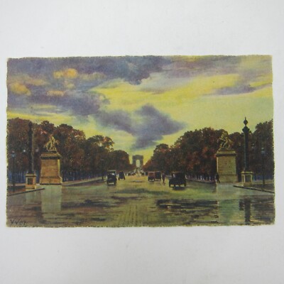 Art Postcard Paris France By Strolling Champs-Elysees Avenue Yvon Antique RARE