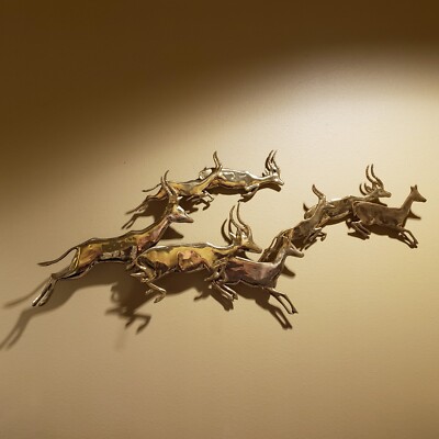 Bijan Brass MCM Leaping Gazelle Deer Wall Art Sculpture 3D Vintage 48  x 25'' 