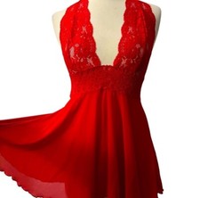 Rene Rofe Red Stretch Mini Chemise, Sheer wirh Lace Halter Bust, Stretch, Small