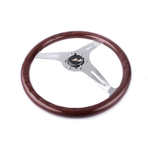 380mm 15" 6 Hole Chrome Dark Steering Wheel Beauty Real Wood Grip Spoke3 w/ Horn - Picture 9 of 15