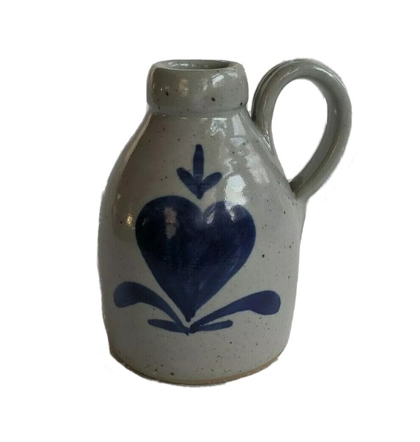Vintage Bastine Pottery Noblesville Indiana 1989 Blue Heart Jug Vase
