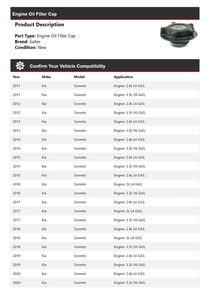 Puertas de tapa de llenado de aceite de motor Kia Sorento 2011-2020 2012 2013 2014 2015 2016 Foto 2 de 4
