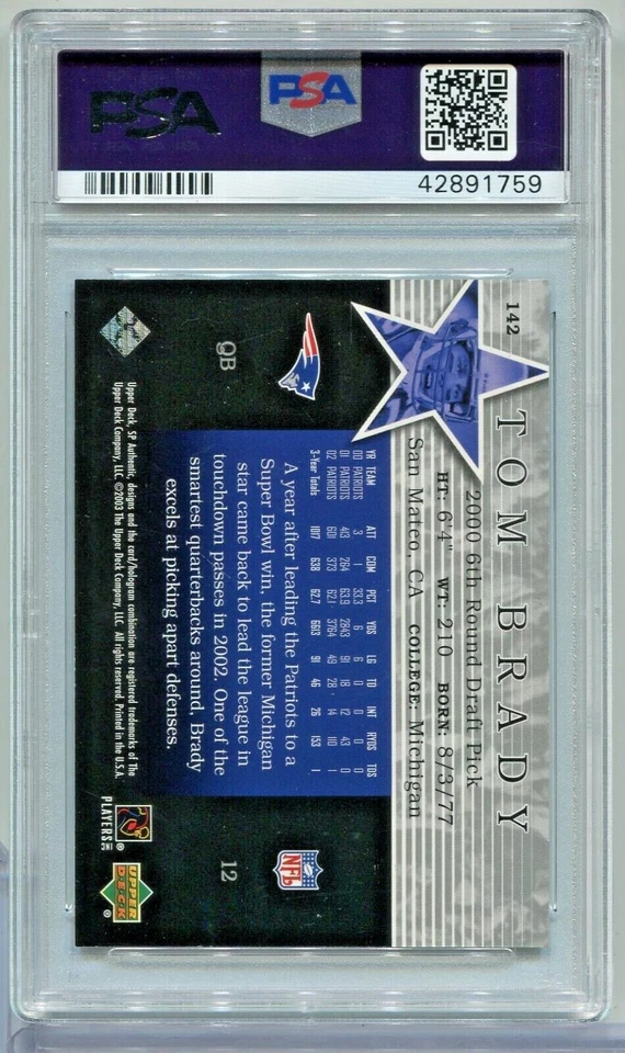 Tom Brady Patriots 2003 Upper Deck SP Authentic 617/1200 #142 PSA 8 091622MLCD - Image 2 of 2