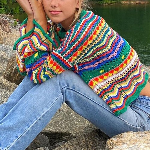 Colorful Embroidery Boho Oversized Sweater Loose Long Sleeve Multicolor  Pullover | eBay