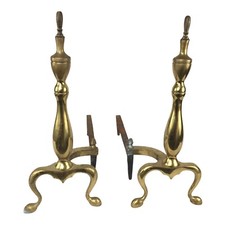 Chippendale Federal Queen Anne Style Brass Andirons Patina Fire Dogs Log Holder