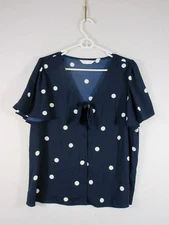 LC Lauren Conrad Womens Tie Front V-Neck Top Polka Dot Flutter Sleeve Sz XL Blue