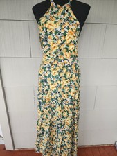 Amasoo Women's Size Small S Long Maxi Tie Back Dress Yellow Green Floral Print