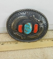 VTG Handmade Sterling Silver Coral Turquois Belt Buckle Unsigned Possibly Navajo