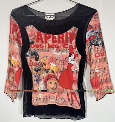 VTG Clio Art To Wear Sheer Mesh 3/4 Sleeve Top Sz M Y2K Eclectic Boho Statement