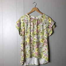 LOFT OUTLET YELLOW PINK FLORAL RUFFLE SHORT SLEEVE BLOUSE WOMENS SIZE MEDIUM