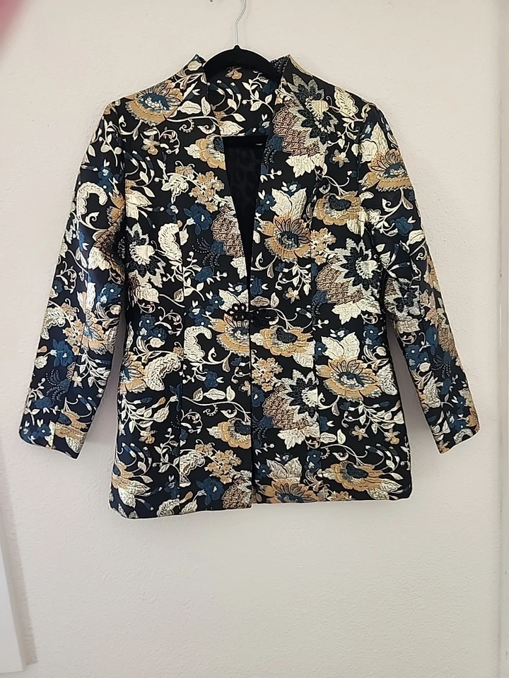 Blazer feminino jaqueta jacquard viola soft surroundings verde e dourado tamanho XS - Imagem 2 de 4