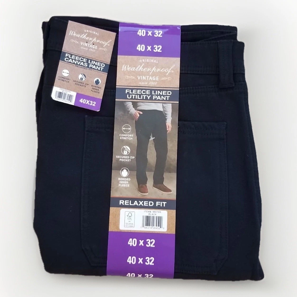 Weatherproof Vintage Stretch Canvas fleece lined men's 40x32 Pant Black Utility