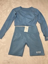 Light Blue Long Sleeve Crop Top Biker Shorts Active Set Brand New Size Medium