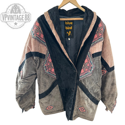 Vintage Aztec Navajo Bomber Jacket Inca Style Multi Leather Festival Coat