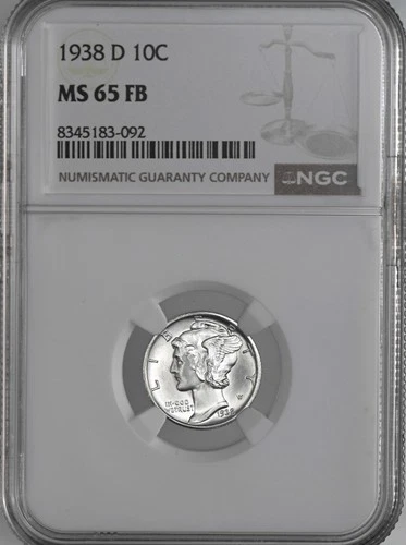1938-D  10C  MERCURY SILVER DIME  "FULL BANDS"  NGC MS65 FB #8345183-092