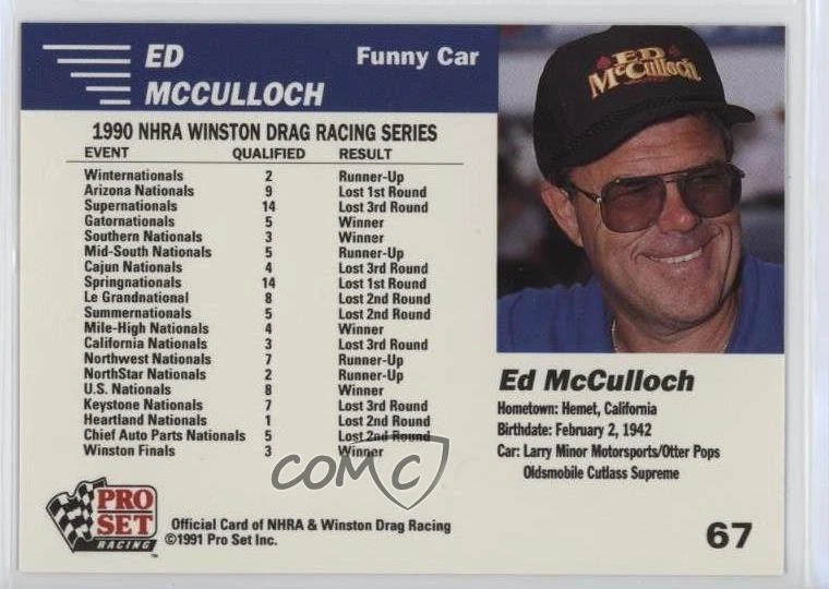 1991 Pro Set NHRA Racing Ed Mcculloch #67 - Image 2 of 2