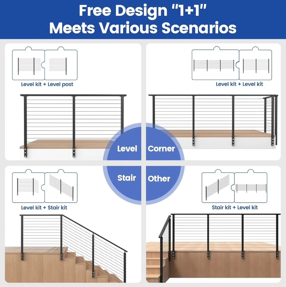 Kit de barandilla de cable de montaje lateral negro modular Muzata 15-20 pies 42 pulgadas 4 postes de nivel Foto 4 de 4
