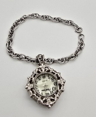 VINTAGE WOMENS STERLING SILVER BRACELET WITH WATCH FACE CHARM PENDANT WORKING