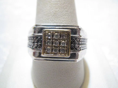 VINTAGE MEN'S LARGE STERLING SILVER GENUINE DIAMONDS RING - SZ 11 - 10.8 GR.