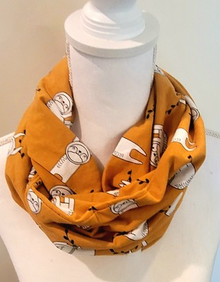 Handmade Mustard Yellow Sloth Print Jersey Knit Infinity Scarf