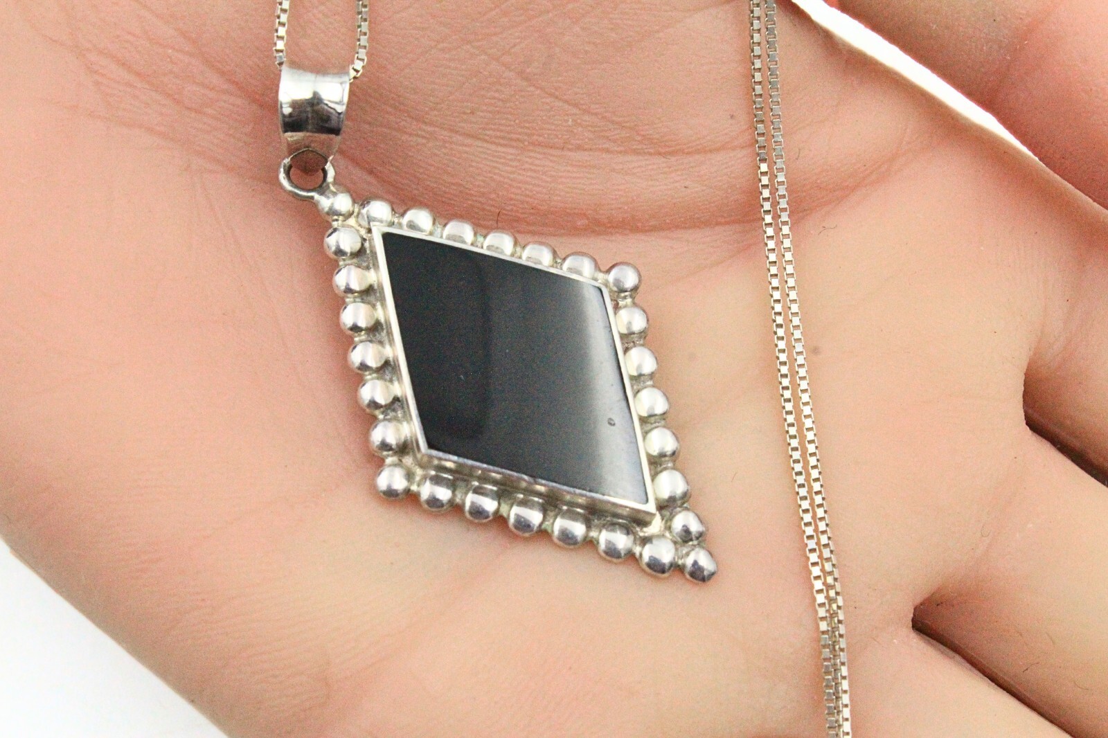 Sterling Silver Black Onyx Triangular Inlaid Pend… - image 1