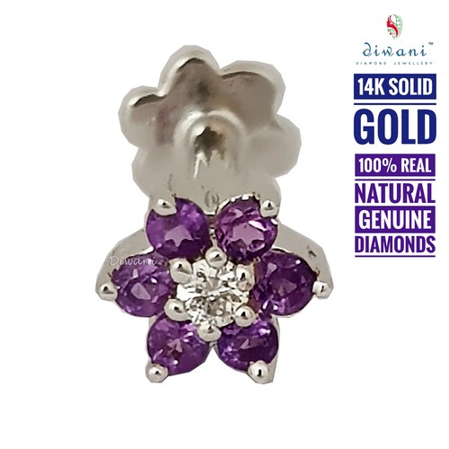 Natural 1 Diamond & 6 Gemstones Flower Nose Lip Labret Piercing Pin Stud Screw - Picture 75 of 91