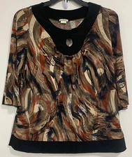 CDW Creative Design Works Women's Stretch Top Blouse Medium 3/4 Sleeve Brown